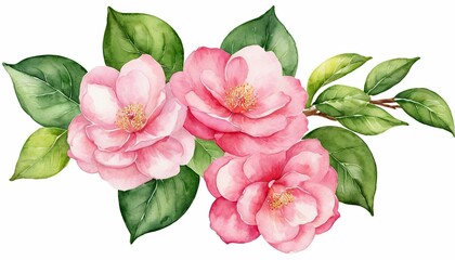 Delicate pink camellia blossoms watercolor painting