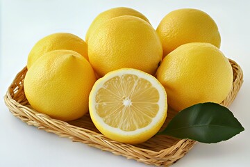 Fresh yellow lemons stacked in a woven basket, with one lemon cut in half.