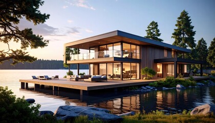 Obraz premium Lakeside Luxury Modern Home at Sunset.