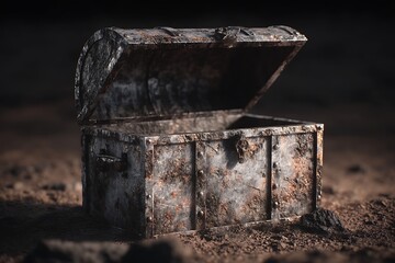 Rusty Treasure Chest with Open, Ancient Find, Dark Background, Mystery, Adventure, and Gold.