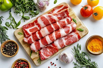 Fresh sliced meat arranged on a wooden board with vibrant vegetables and herbs.