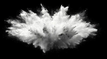 White powder explosion suspended mid-air, capturing dynamic motion and energy with fine particles dispersing against a clean background, symbolizing impact, creativity, or celebration.

