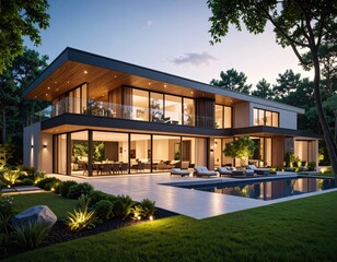 Fototapeta premium Luxury Home Oasis Modern Villa with Pool at Twilight.