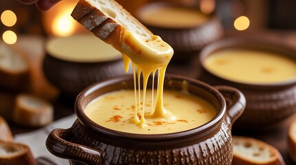 Naklejka premium Hand dipping crusty bread into a pot of creamy melted cheese fondue served in rustic brown bowls, evoking a cozy and delicious comfort food dining experience