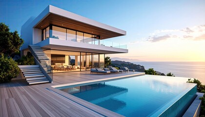 Oceanview Villa Infinity Pool with Modern Architecture at Sunset.