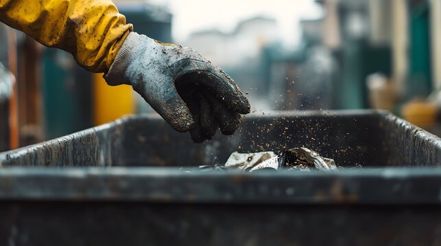 Close-up of a gloved hand tossing industrial waste into outdoor garbage bins.

