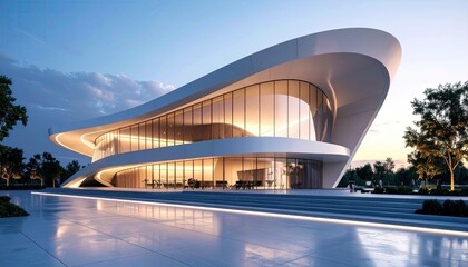 Futuristic Curve Modern Building Glows at Dusk.