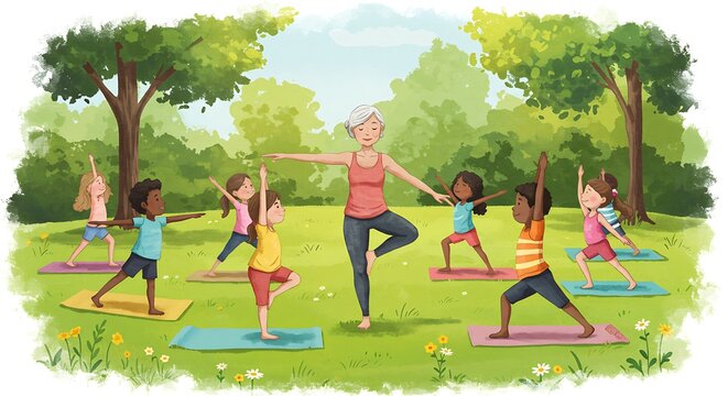 Children's Yoga Class in a Sunny Park:  Joyful Outdoor Wellness Illustration - Powered by Adobe
