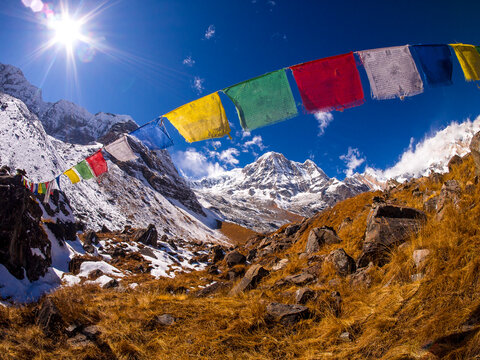 Prayer flags flutter in high-altitude Himalayan valley with snowy peaks and sunlit sky in the background