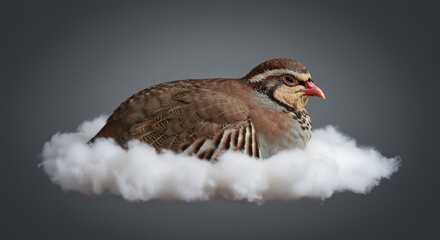 Obraz premium Surreal Bird Portrait: Partridge Perched on Cloud Against Grey Backdrop