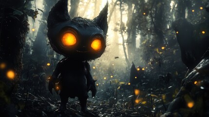 Dark forest creature in shadowy woodland.