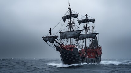 Obraz premium Spooky Black Pirate Ship Sailing on Rough Seas Under a Cloudy Sky.
