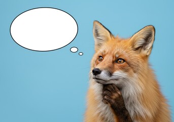 Obraz premium A pondering fox with a visible thought bubble on a pastel blue background