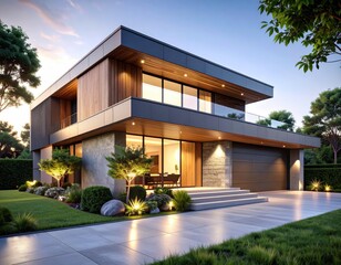 Fototapeta premium Modern Cube Home Luxury Residence with Evening Light, and Contemporary Design.