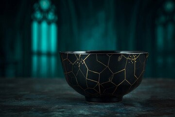 A black bowl with gold crackle design
