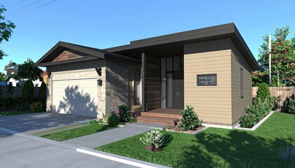 Modern Facade Suburban Home with Stone and Wood Details in Summer.