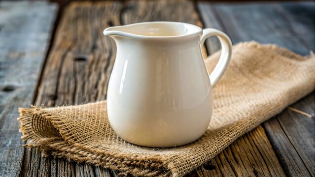 Rustic Creamer Pitcher on Burlap Cloth Wooden Table Background Perfect for Farmhouse Kitchen Decor - Powered by Adobe