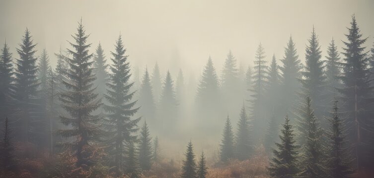 Retro-styled photo of a foggy fir forest scene, vintage filter applied,  mountains,  mist,  graphic