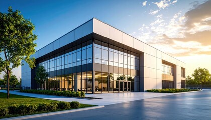 Obraz premium Modern Office Building Gleaming Facade with Blue Sky Sunset, and and Lush Greenery.