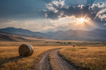 Sunlit Hay Bale in Montana Valley