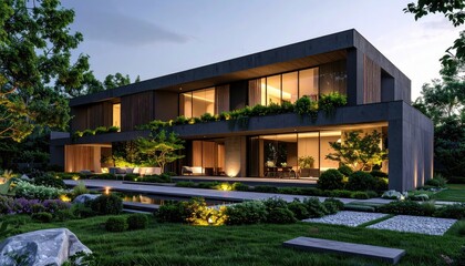 Fototapeta premium Modern Villa Oasis Twilight Luxury Home in Lush Garden Setting.