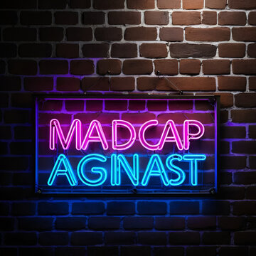 Neon sign. Word madcap against brick wall. Night view