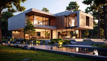 Fototapeta premium Modern Concrete House Retreat Pool with Nature, Architecture, and Luxury Living.
