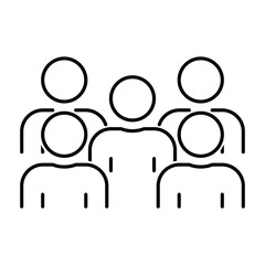 Simple line art icon depicting a group of five people, symbolizing teamwork and unity.