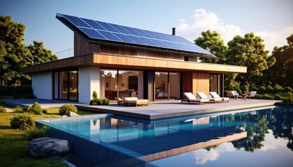 Fototapeta premium Modern villa Solar panels roof with pool reflection Eco home lifestyle.
