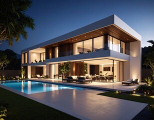 Modern Luxury Villa at Dusk with Infinity Pool.