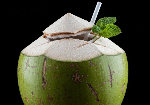 Tropical refreshment: Close-up of a green coconut drink with mint garnish