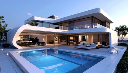 Fototapeta premium Modern Dream Home Poolside Luxury Contemporary Architecture at Sunset.