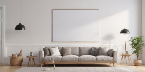 Modern living room, poster mockup on white wall, wooden clips, clean lines, flat