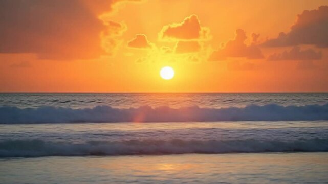 Amazing warm sunset or sunrise and ocean with perfect surfing waves in Bali.