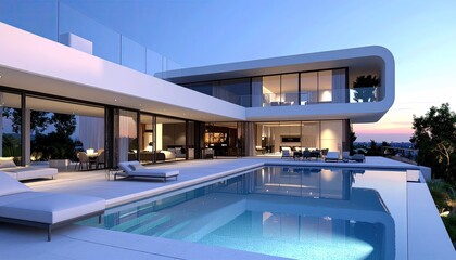 Fototapeta premium Modern Villa by Pool at Dusk Luxury Living in Style.
