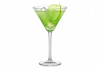 Refreshing apple martini cocktail with ice and fruit garnish on white backdrop