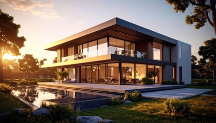 Obraz premium Modern Luxury Sleek Home with Pool Reflecting Sunset Serene.