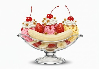Delightful Banana Split with Ice Cream and Toppings on White Backdrop