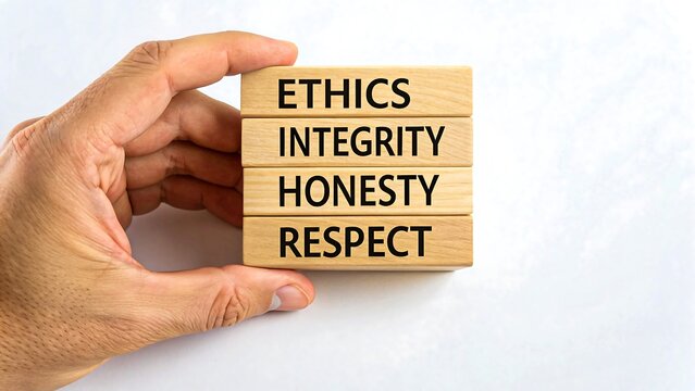 Hand holding wooden blocks spelling Ethics, Integrity, Honesty, Respect values