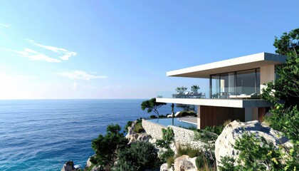 Fototapeta premium Coastal Luxury Modern Villa on Ocean Cliff with Balearic Paradise.