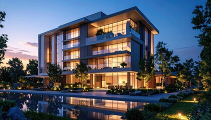 Fototapeta premium Luxury Modern Villa Reflection of Elegance at Dusk.