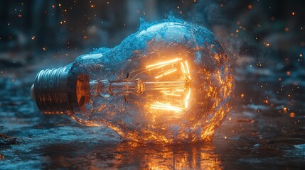 Burning lightbulb in a dark forest