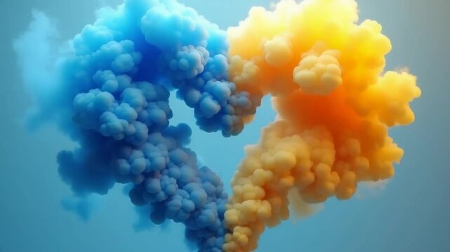3D animation of blue and yellow smoke turning into a heart shape. Alpha Channel