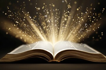 An open Bible with radiant light beaming down, emphasizing a religious/spiritual concept.