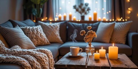 Warm cozy living room interior with lit candles, knit throw blanket, decorative pillows, and steaming cup of coffee on rustic wooden table, glowing with ambient fairy lights in the evening