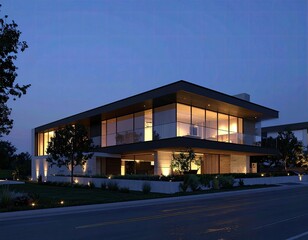 Modern Home Glow Night Exterior of Stylish Residence.