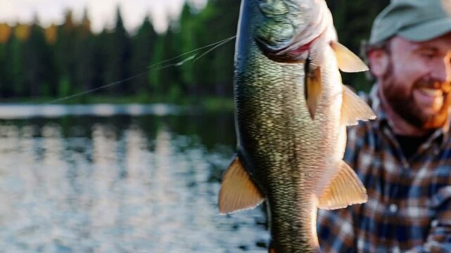 Happy fisherman holding a big fish in his hand and smiling while fishing on the lake
