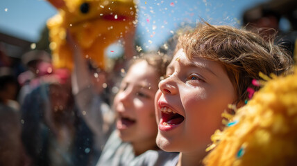 Obraz premium Cinco de Mayo festivity, children laughing while breaking a piñata, candy spilling out into the air, bright sunny day