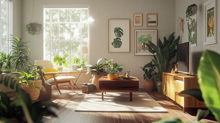 Sunlight streams into a cozy living room filled with plants.
