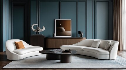 Modern, elegant living room interior with curved furniture.
